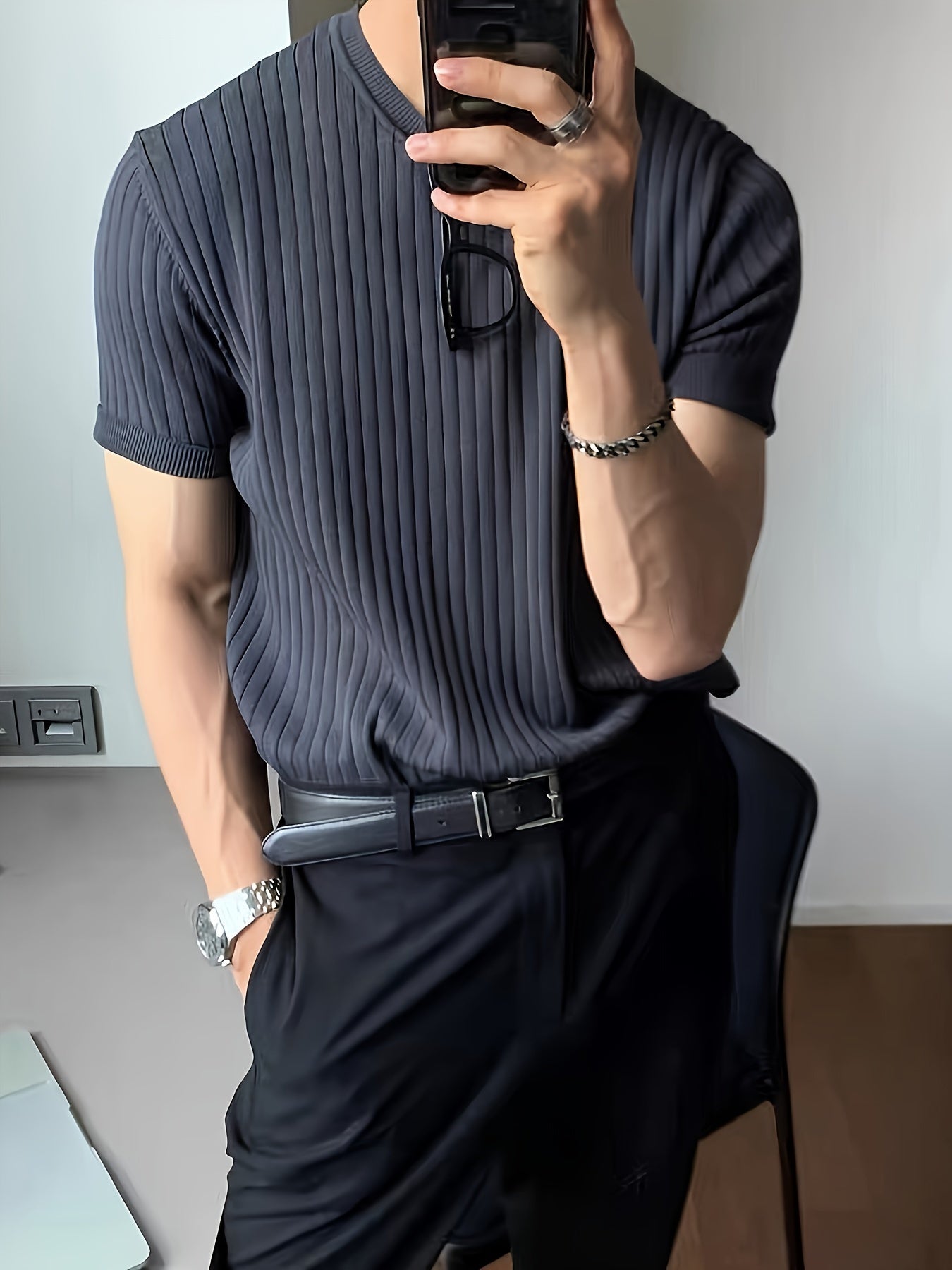 Camisa Suéter de malha masculino liso com gola redonda