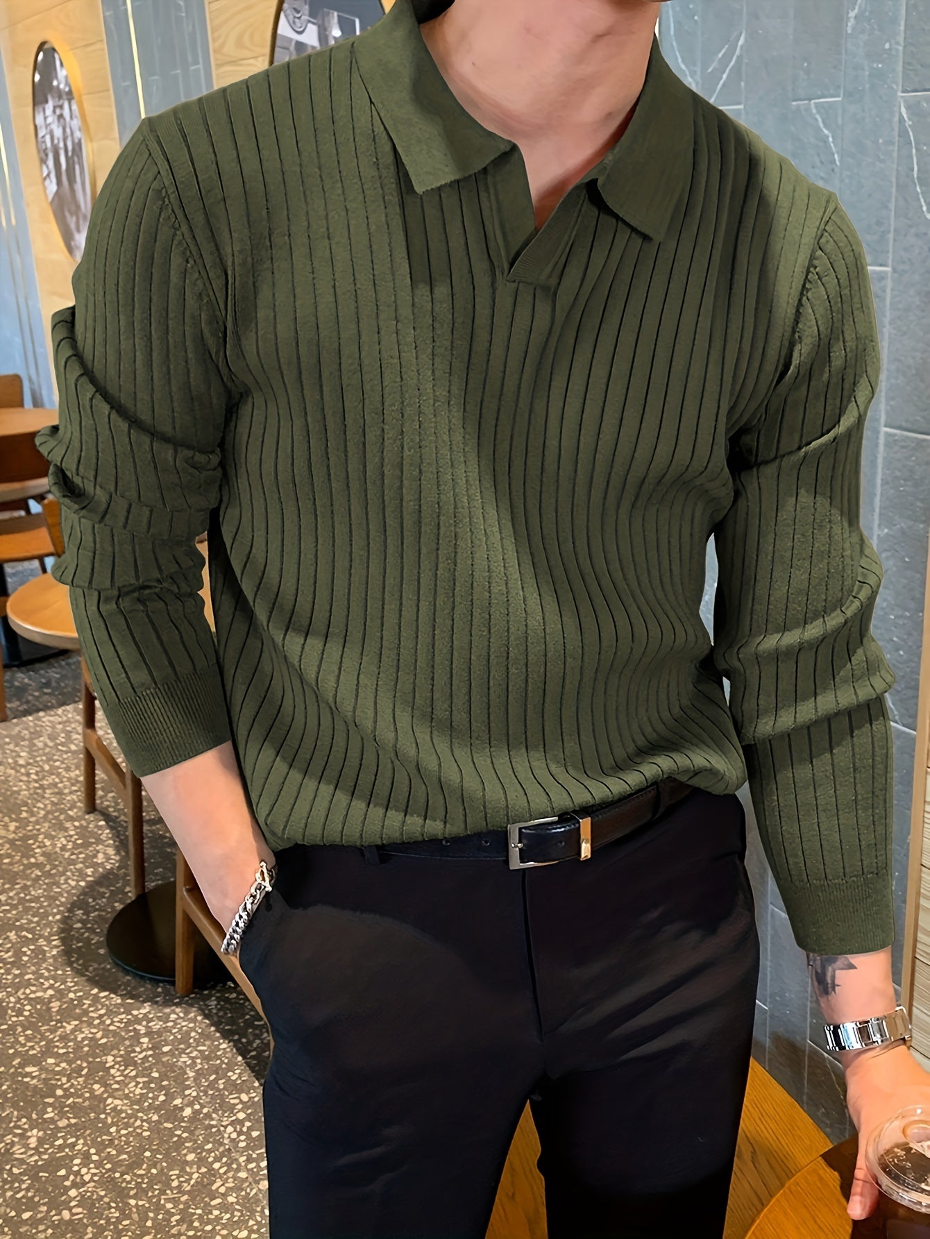 Camisa de malha suéter masculino casual com lapela e decote em V