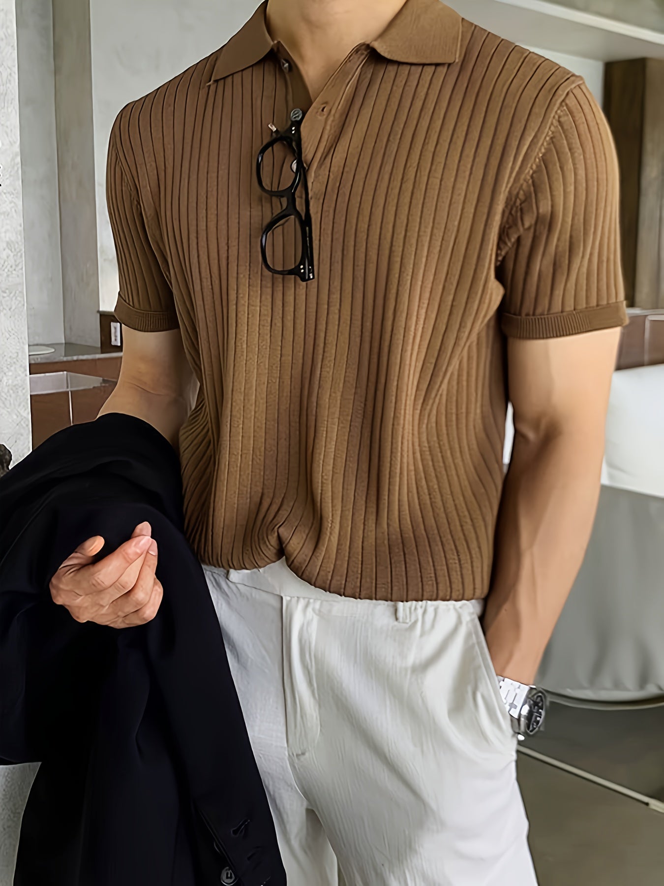 Camisa Polo malha canelada de cor sólida masculino - Top de malha de manga curta