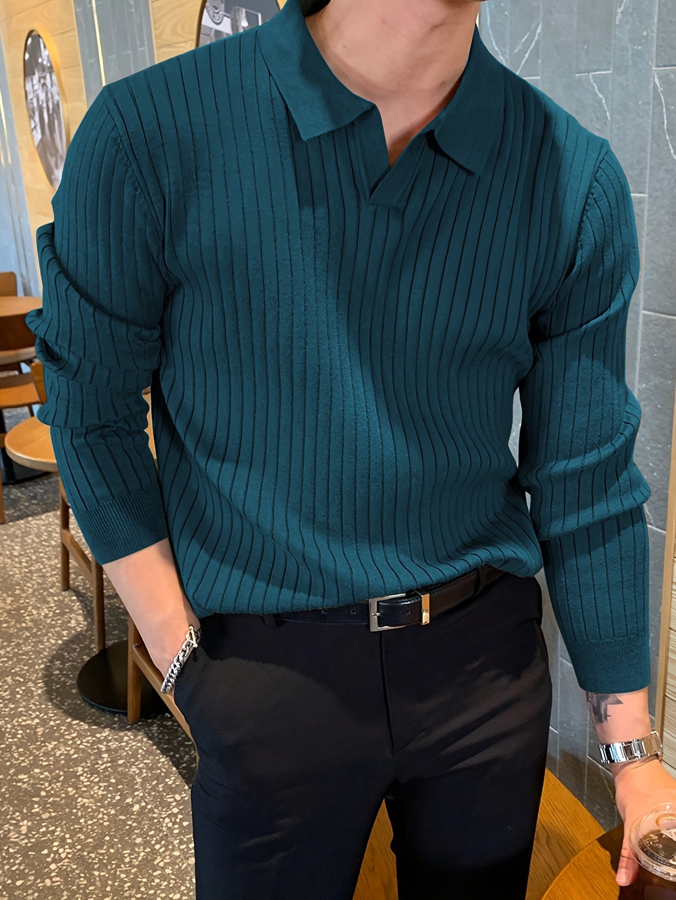 Camisa de malha suéter masculino casual com lapela e decote em V