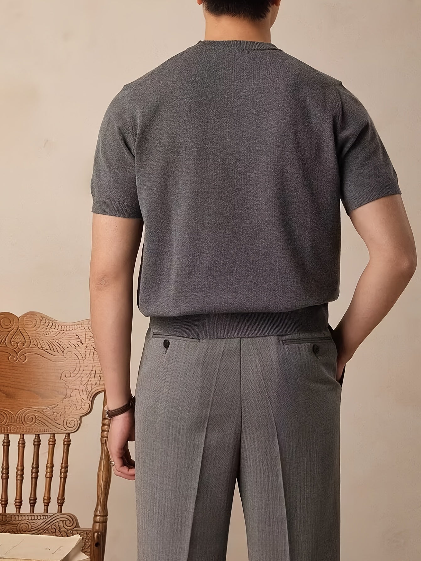Camiseta de malha casual masculina de manga curta - ajuste folgado, gola redonda