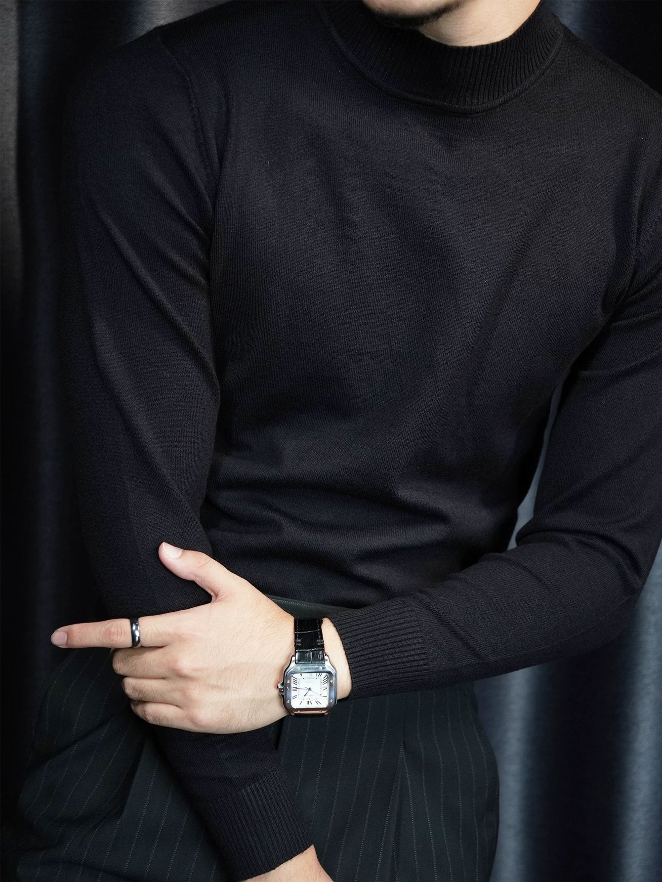 Suéter de malha gola alta de cor sólida masculina outono e inverno