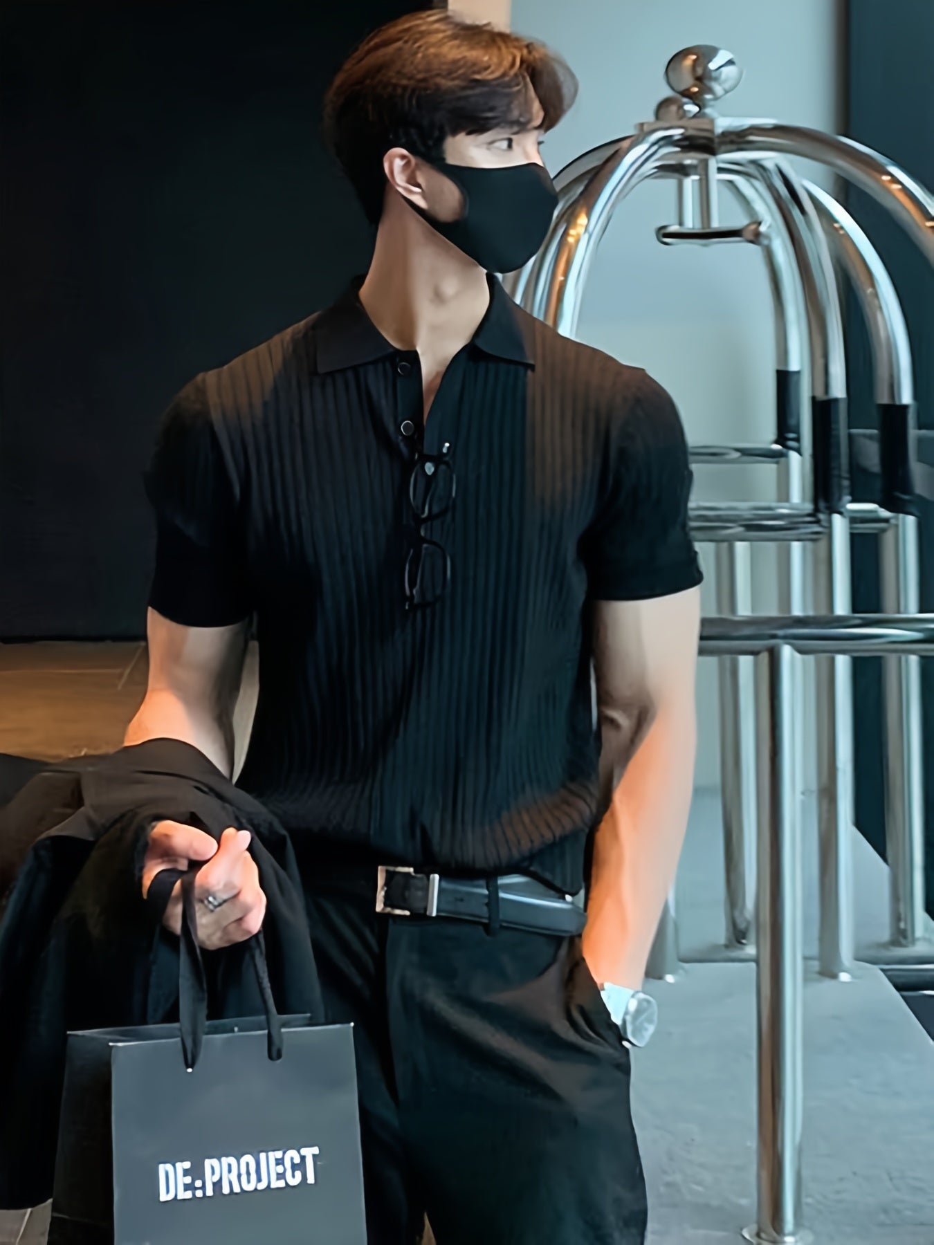 Camisa Polo malha canelada de cor sólida masculino - Top de malha de manga curta