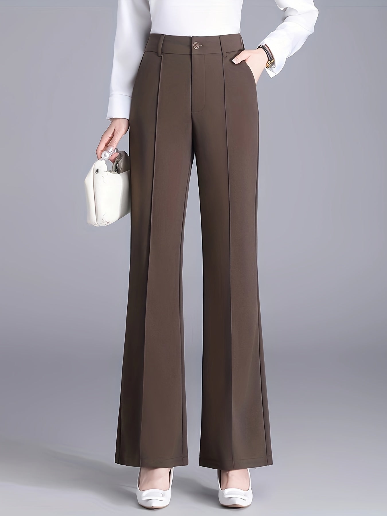 Calça elegante femininas de cor sólida - cintura alta, ajuste solto