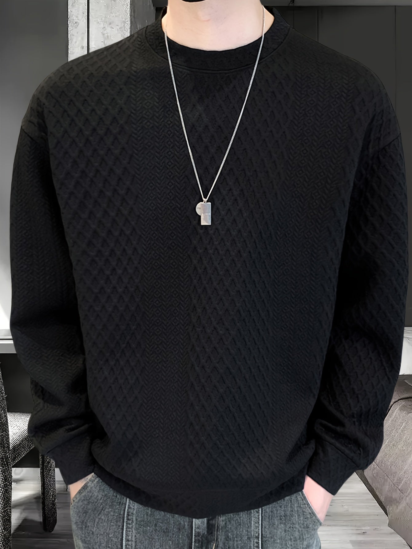 Camisa de malha casual masculino - manga comprida, gola redonda, texturizado