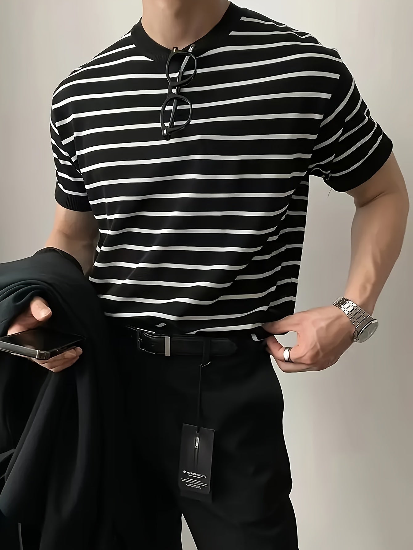 Camisa de malha listrada, manga curta Cross-Border