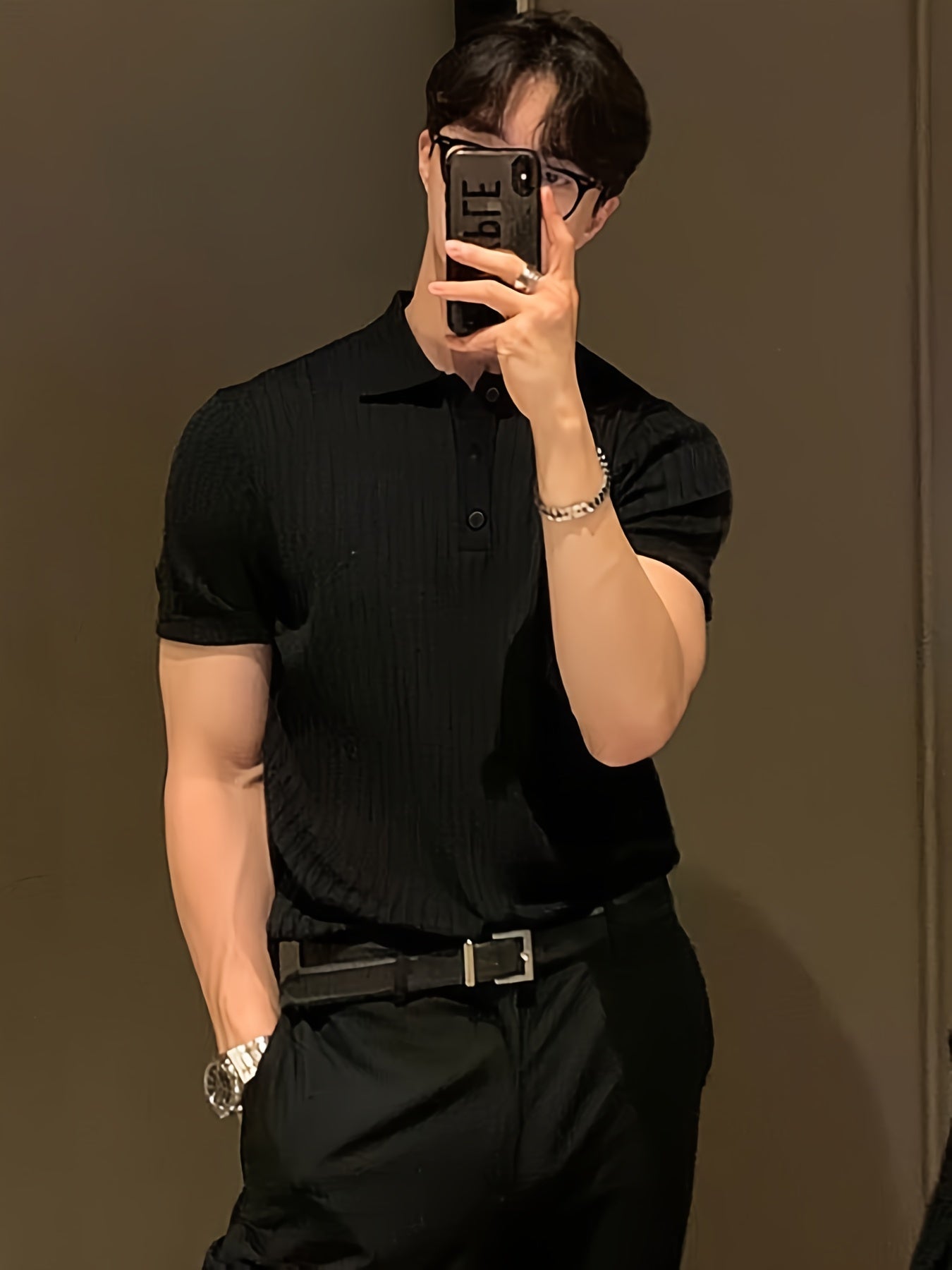 Camisa Polo malha canelada de cor sólida masculino - Top de malha de manga curta