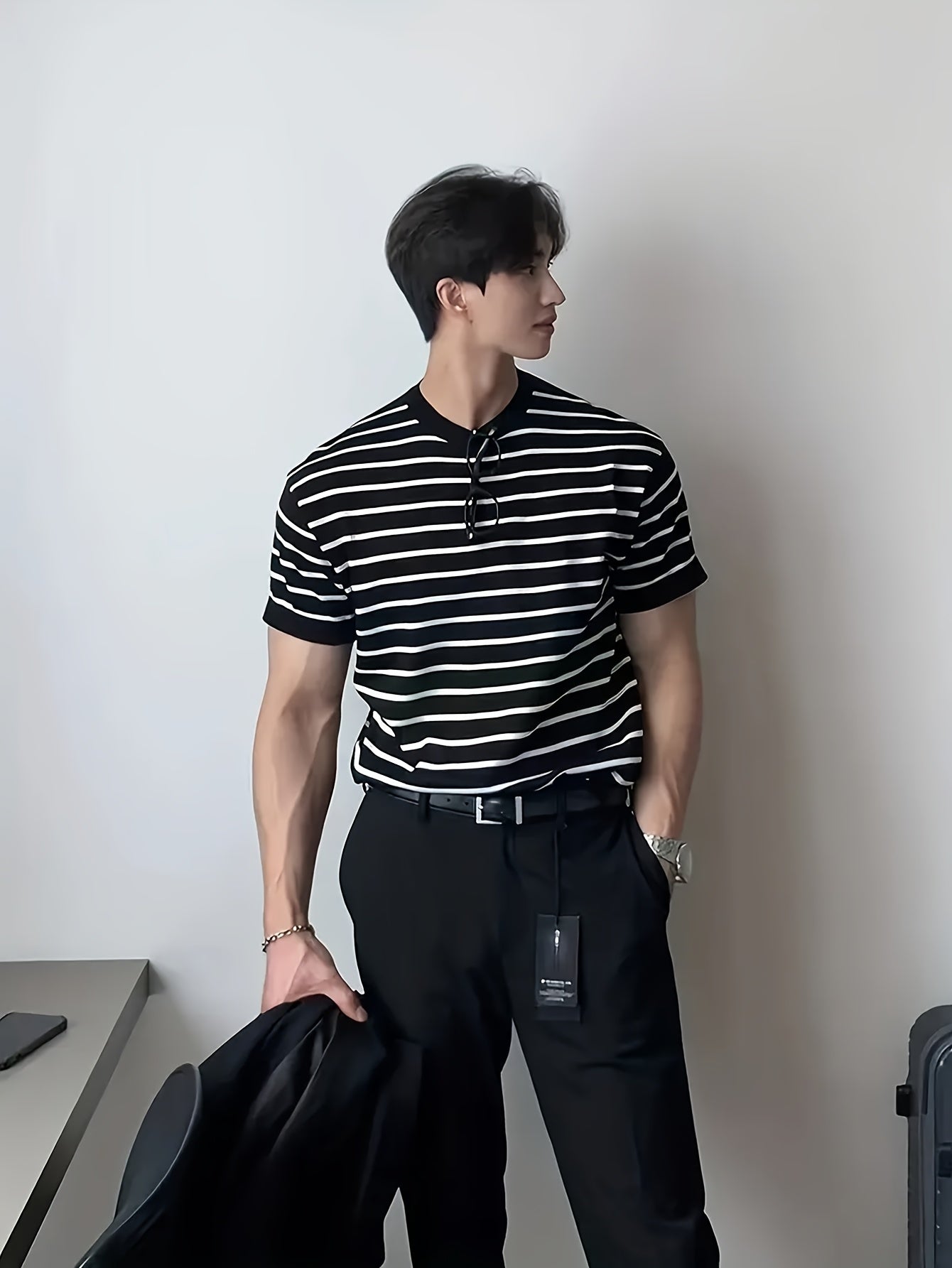 Camisa de malha listrada, manga curta Cross-Border