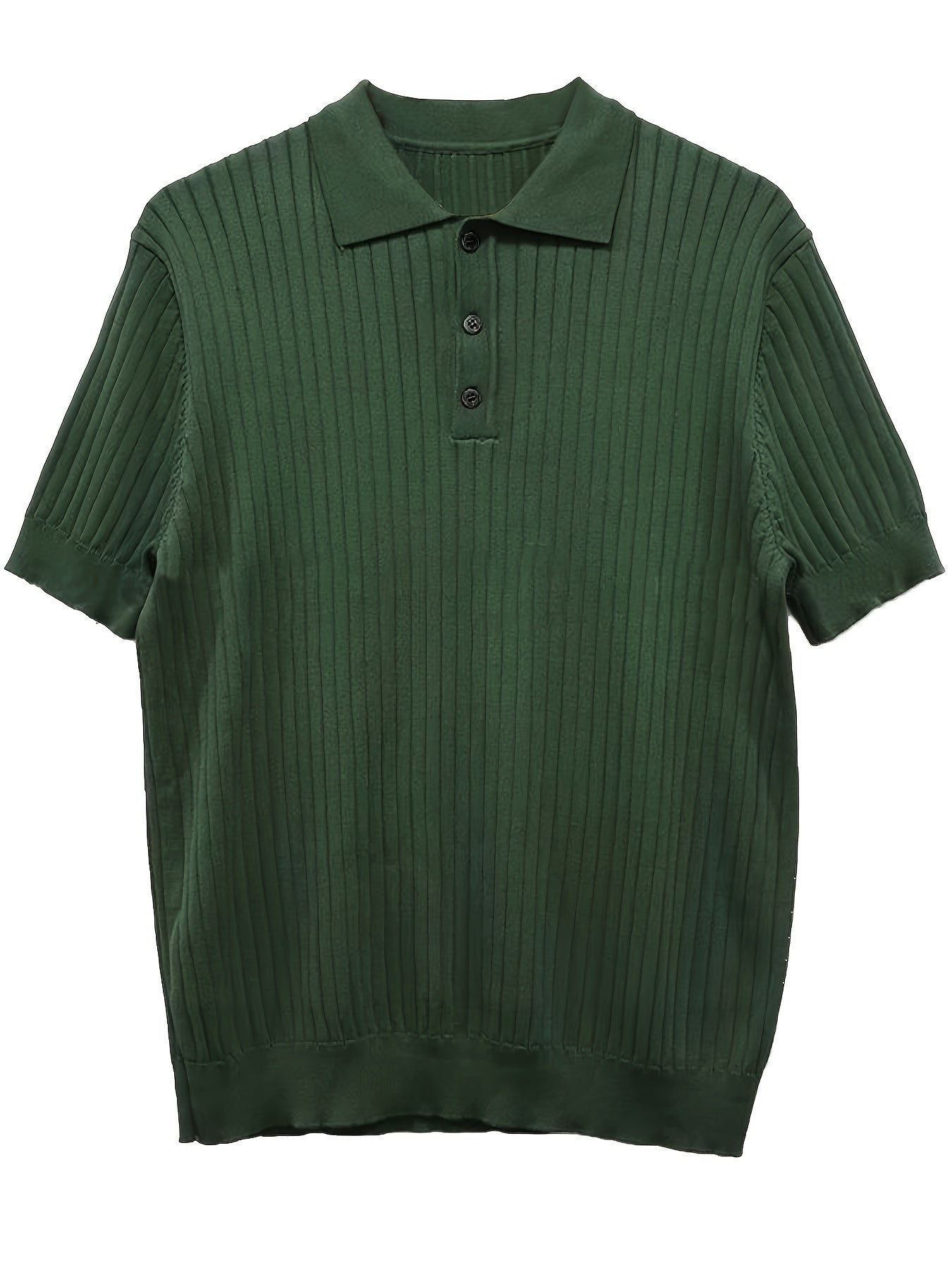 Camisa Polo malha canelada de cor sólida masculino - Top de malha de manga curta
