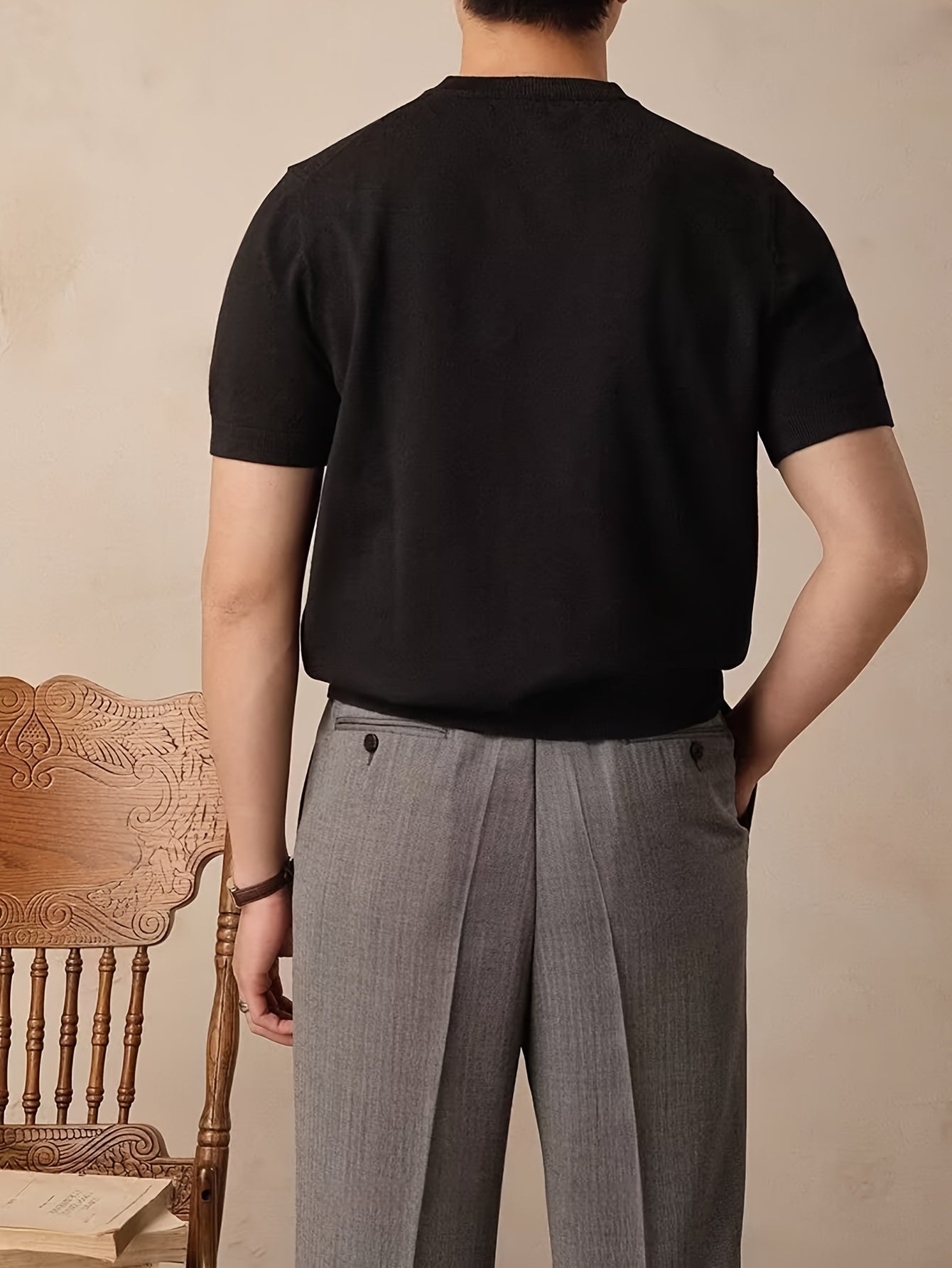Camiseta de malha casual masculina de manga curta - ajuste folgado, gola redonda