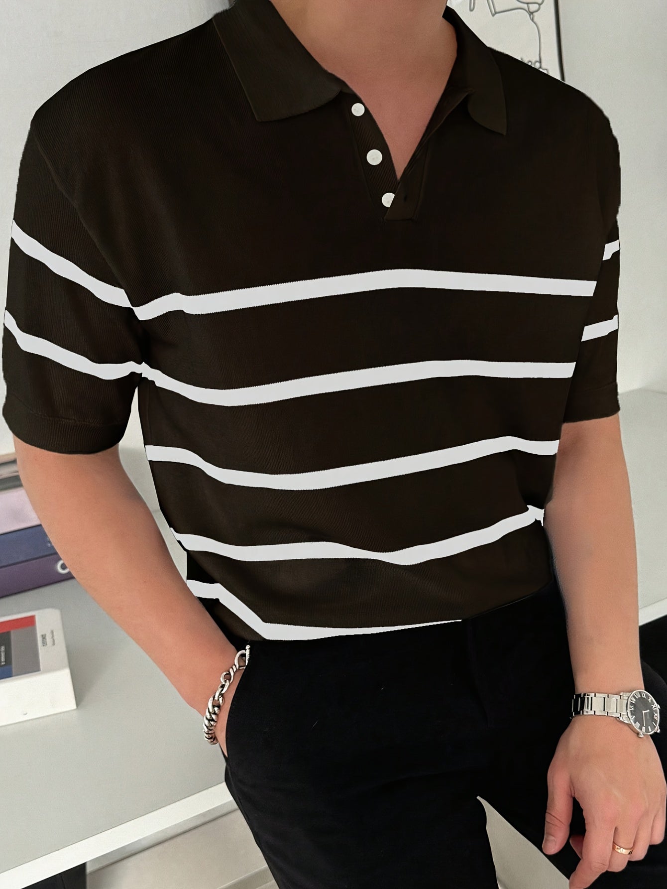 Polo de malha manga curta com gola listrada masculina
