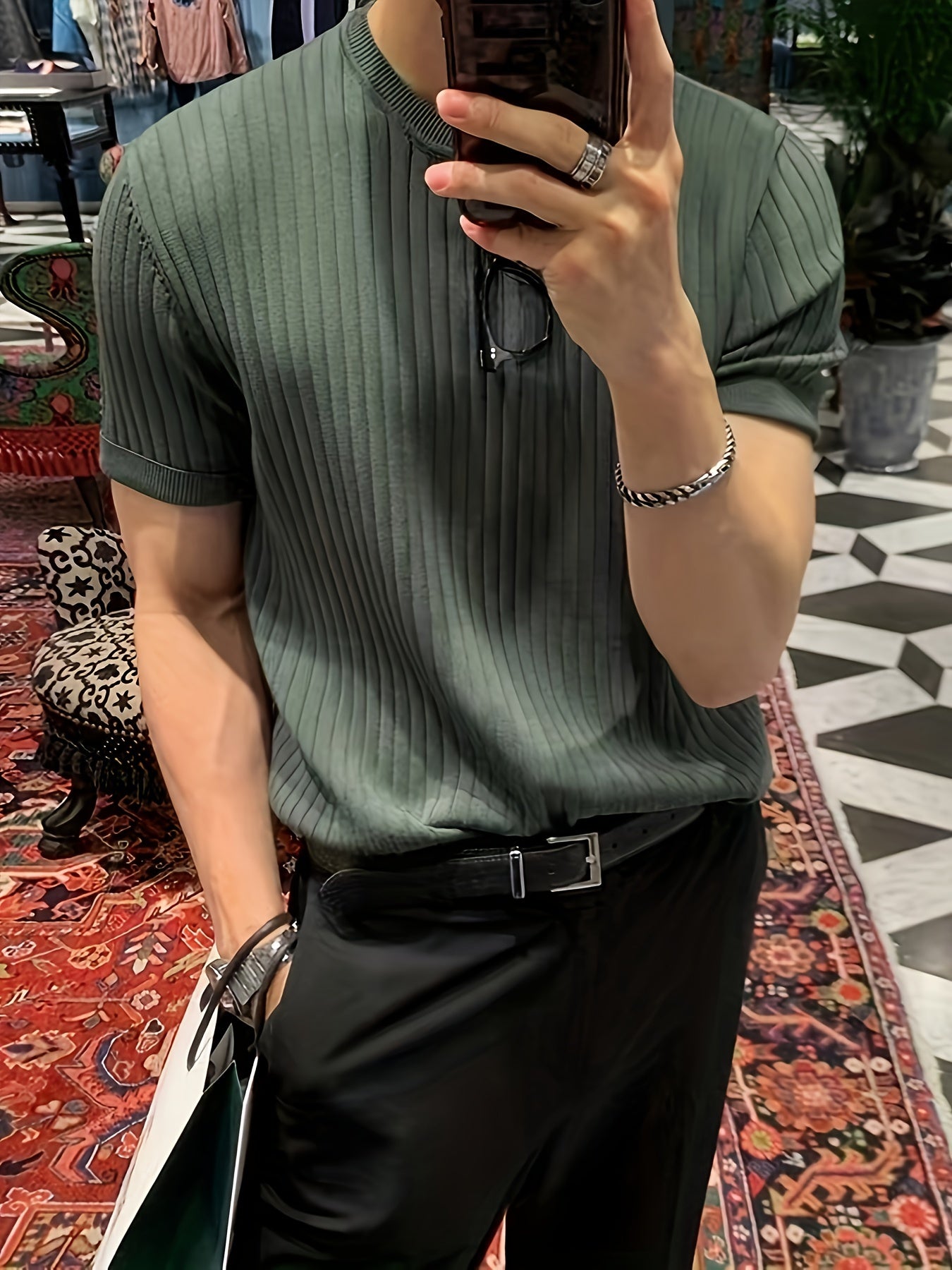Camisa Suéter de malha masculino liso com gola redonda