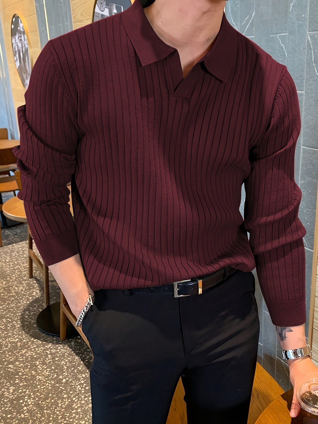 Camisa de malha suéter masculino casual com lapela e decote em V