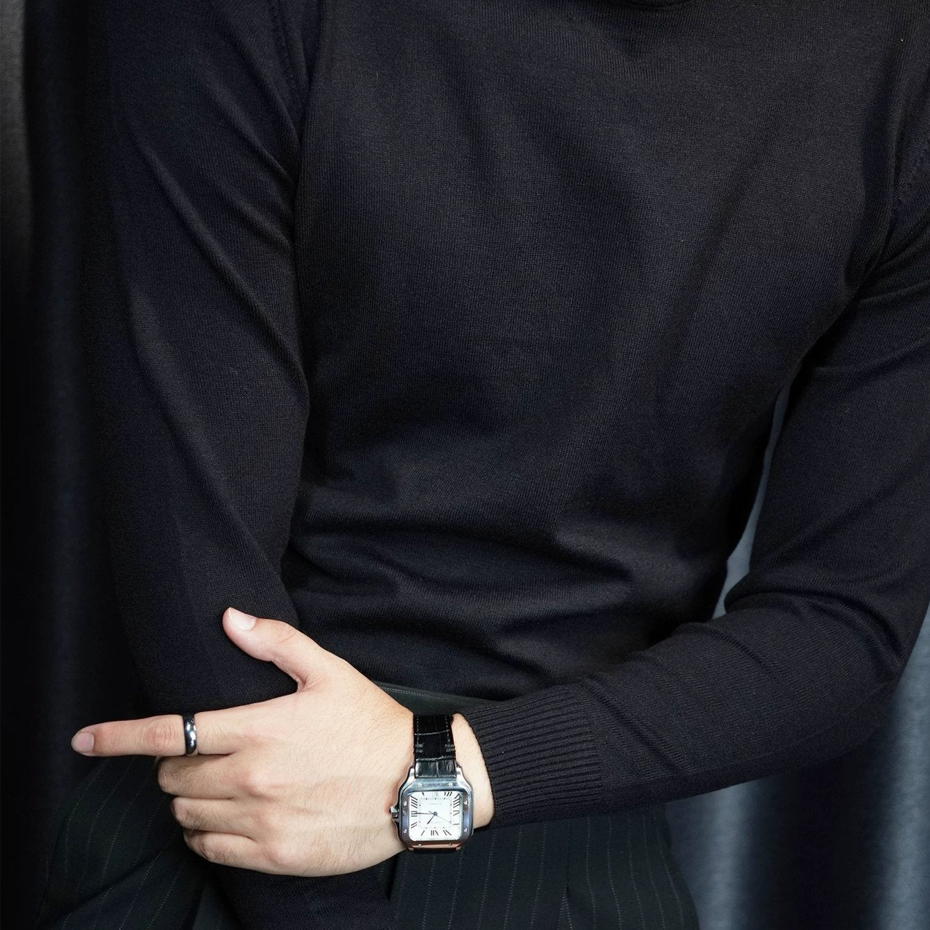 Suéter de malha gola alta de cor sólida masculina outono e inverno