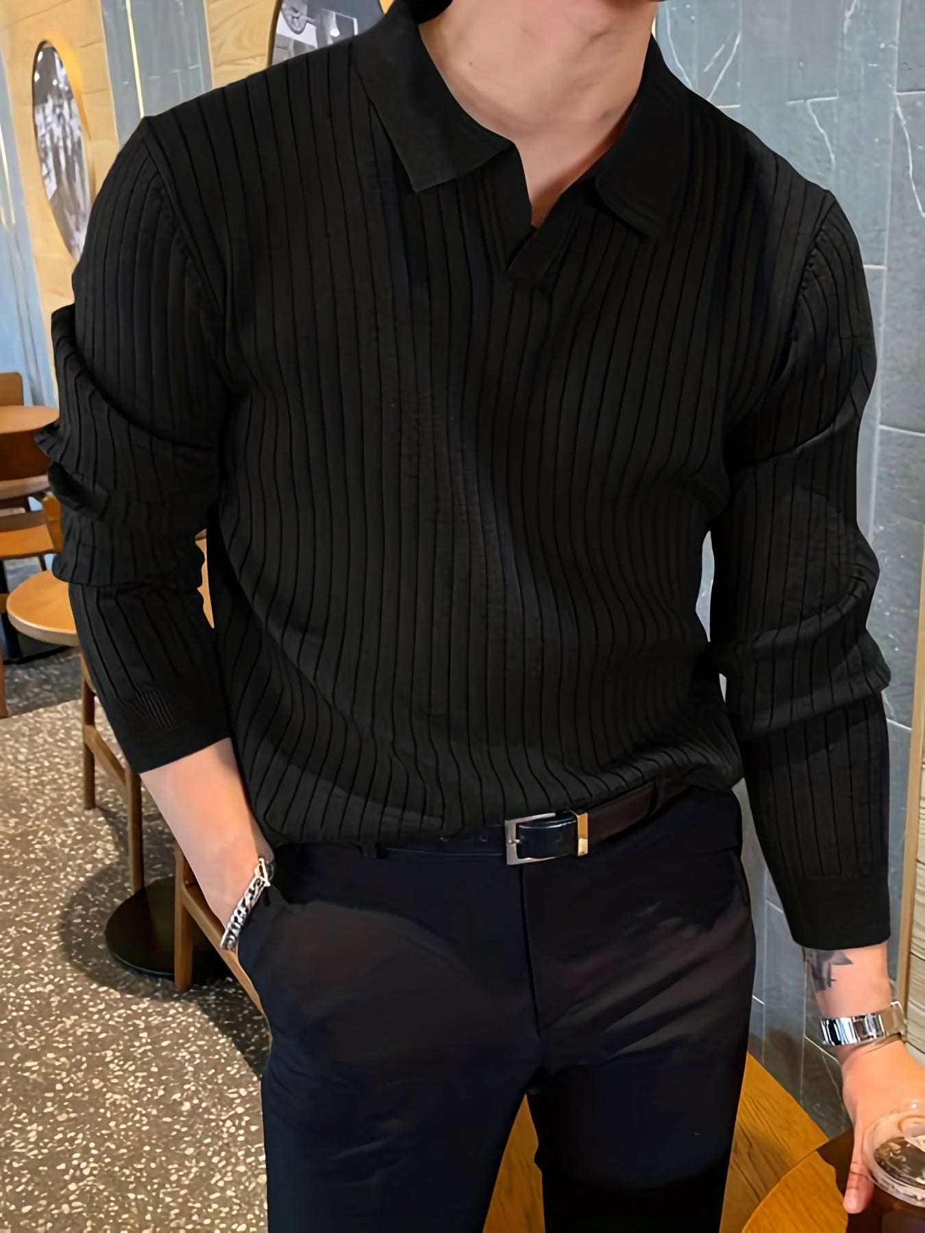 Camisa de malha suéter masculino casual com lapela e decote em V