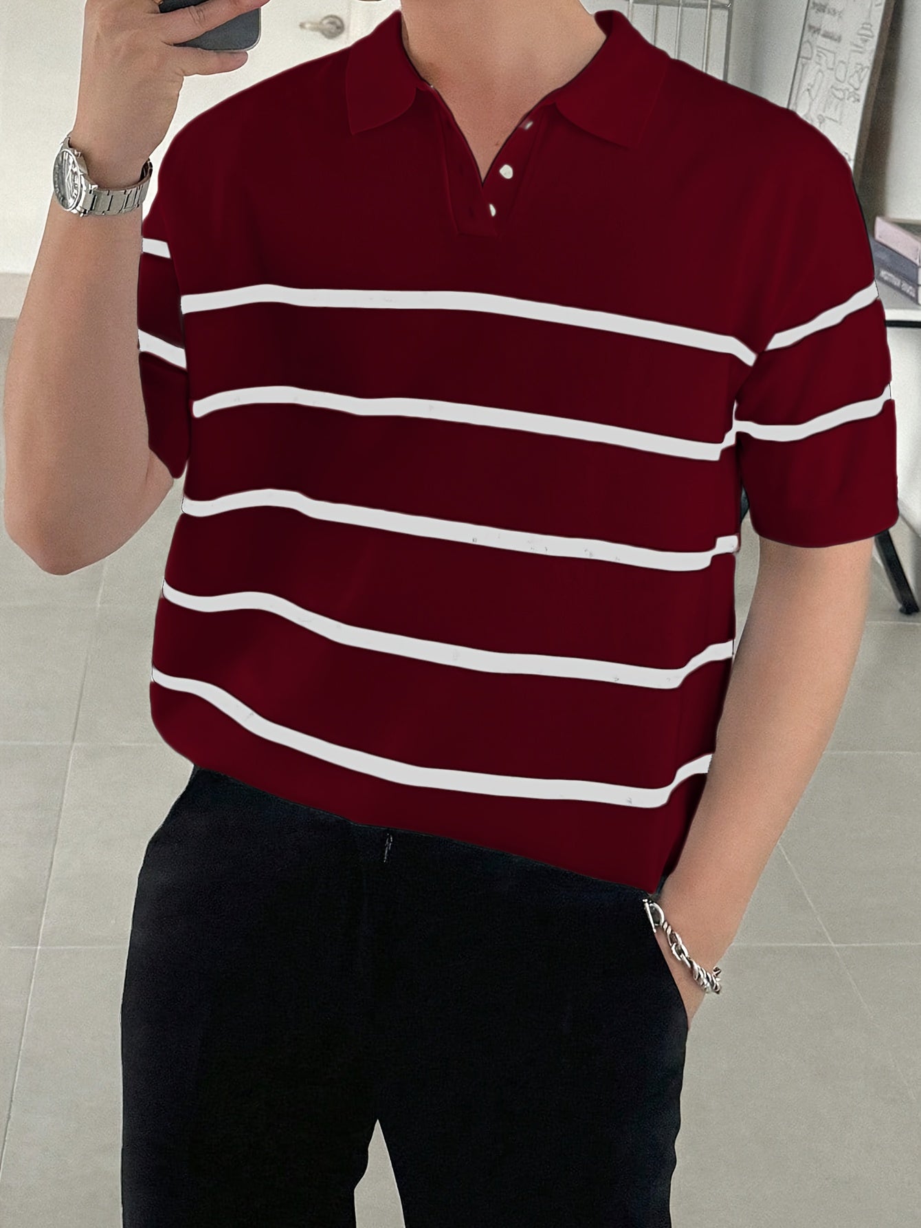 Polo de malha manga curta com gola listrada masculina