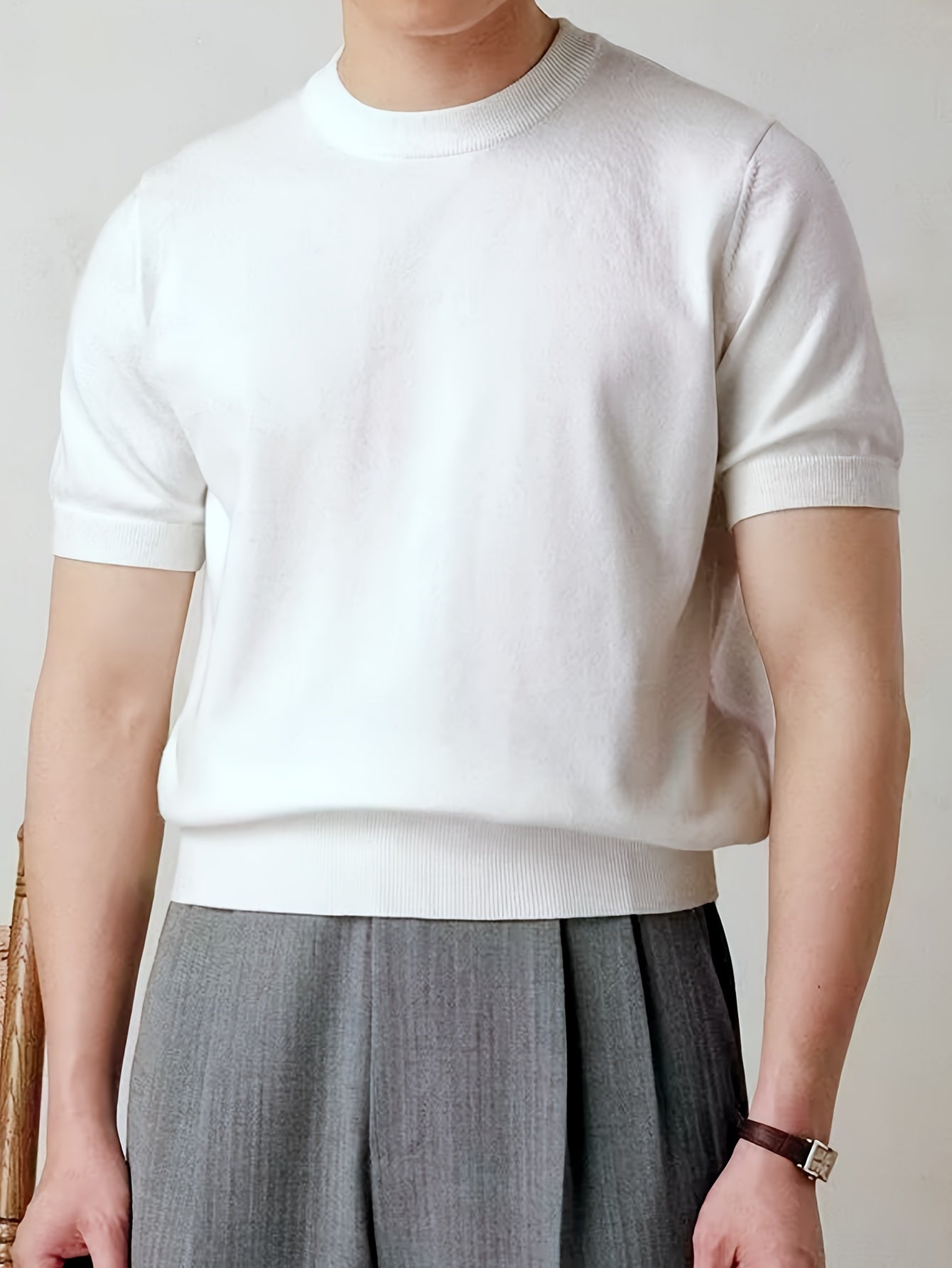 Camiseta de malha casual masculina de manga curta - ajuste folgado, gola redonda