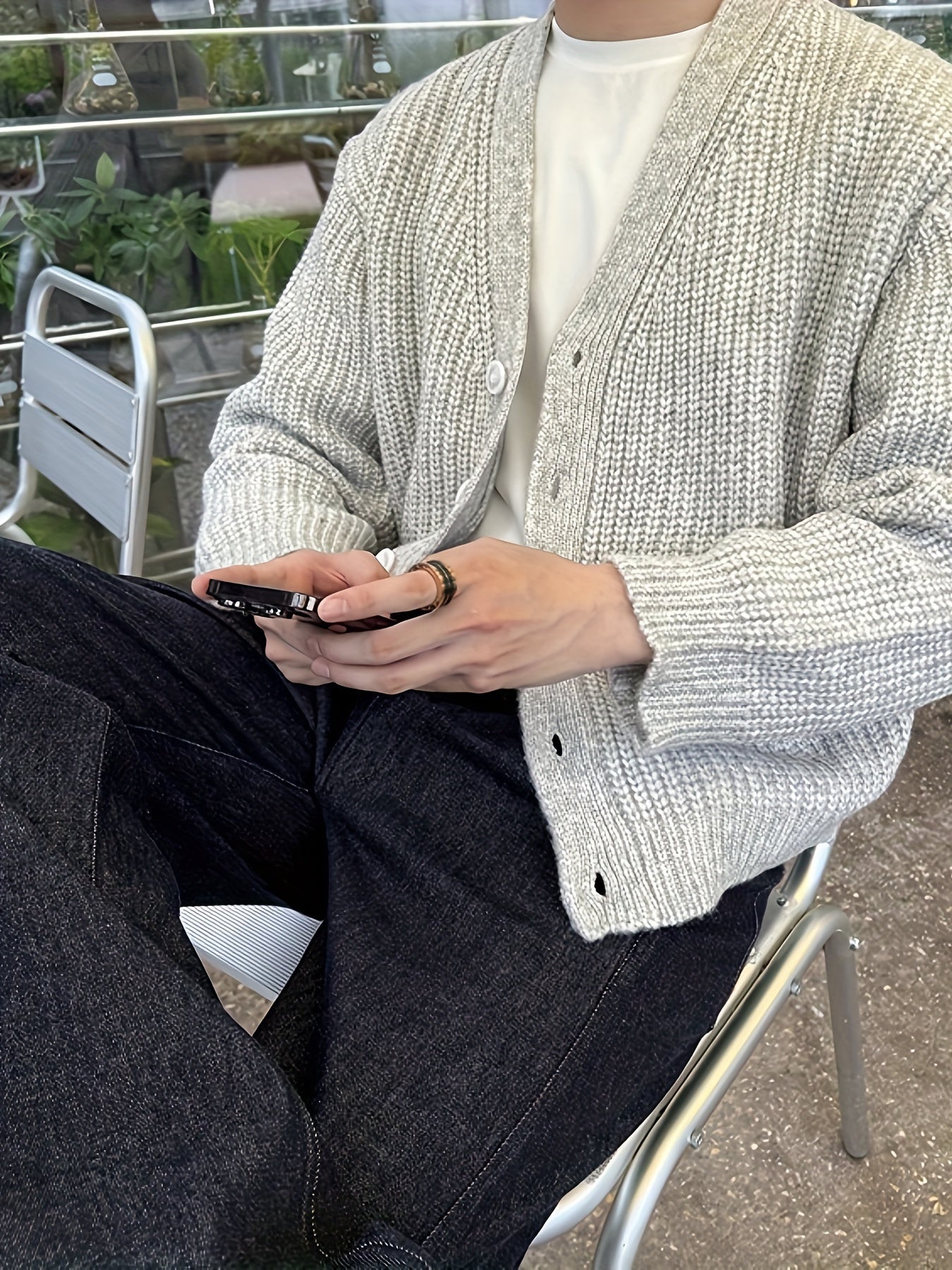 Cardigan elegante de malha solta e sólida casual