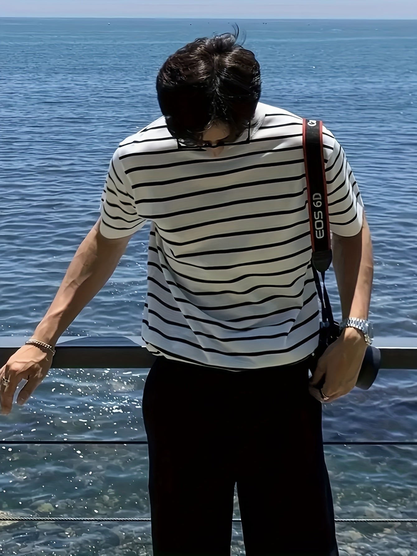 Camisa de malha listrada, manga curta Cross-Border