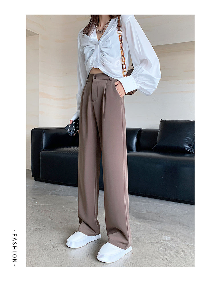 Calça feminina de cintura alta até o chão, reta e comprida