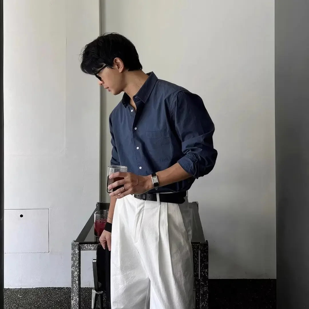 Camisa Masculina Coreana de Manga Longa com Pregas - Look Seoul Chic