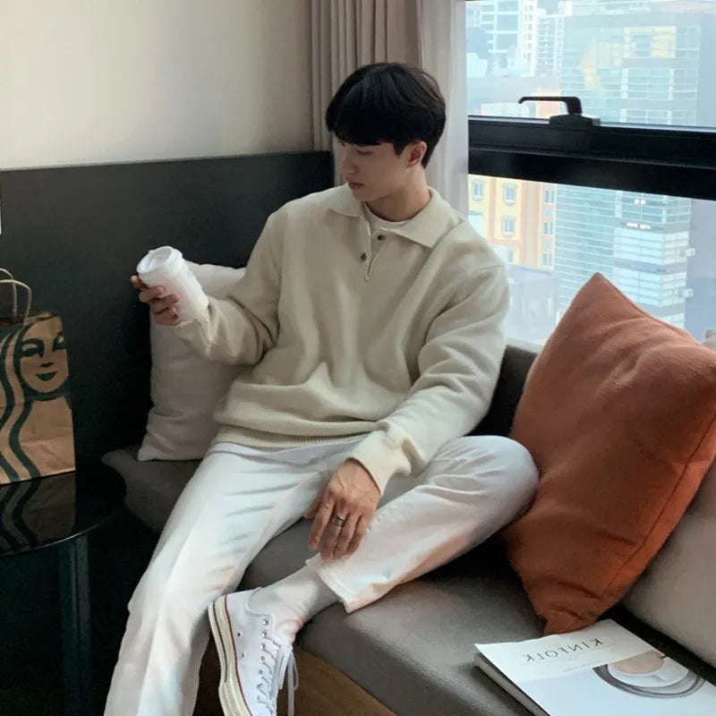 Suéter masculino estilo coreano com gola polo