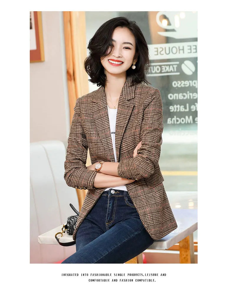 Blazer feminino xadrez marrom Estilo Coreano