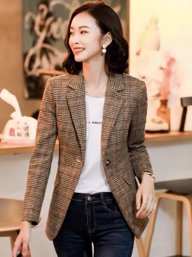 Blazer feminino xadrez marrom Estilo Coreano