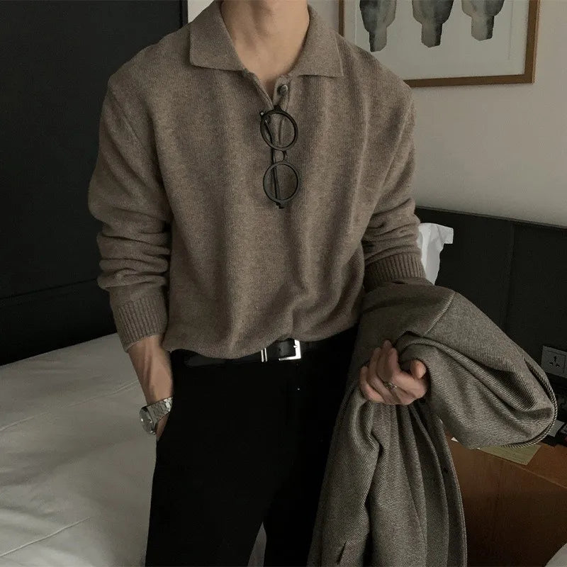 Suéter masculino estilo coreano com gola polo