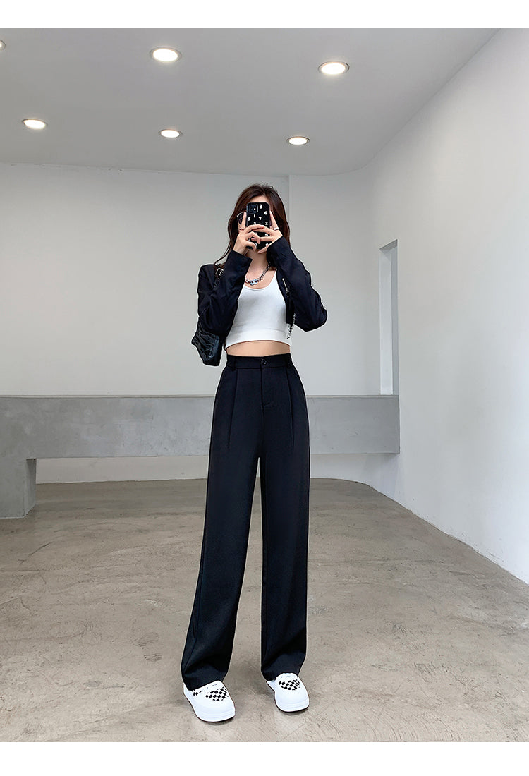 Calça feminina de cintura alta até o chão, reta e comprida