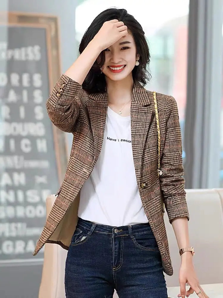 Blazer feminino xadrez marrom Estilo Coreano