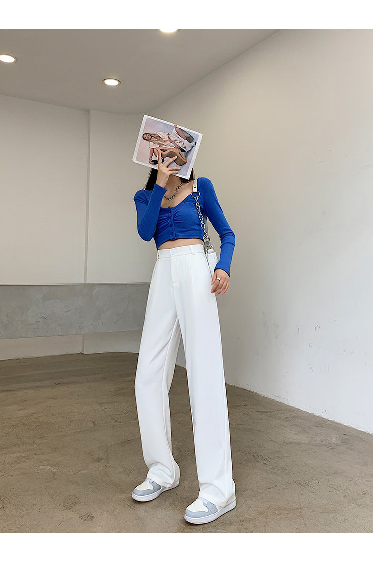 Calça feminina de cintura alta até o chão, reta e comprida