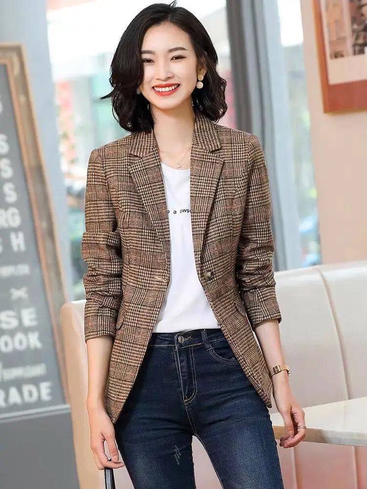 Blazer feminino xadrez marrom Estilo Coreano