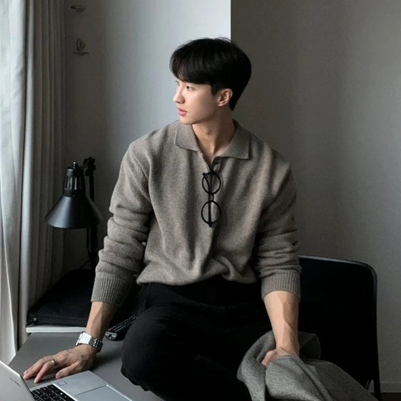 Suéter masculino estilo coreano com gola polo