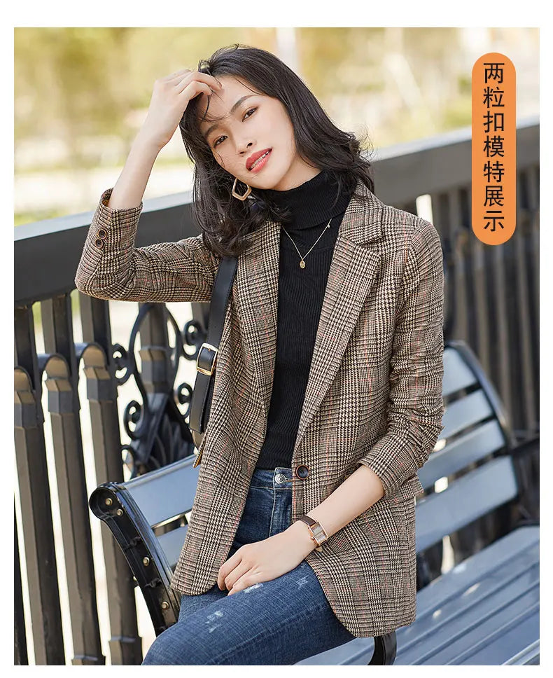 Blazer feminino xadrez marrom Estilo Coreano