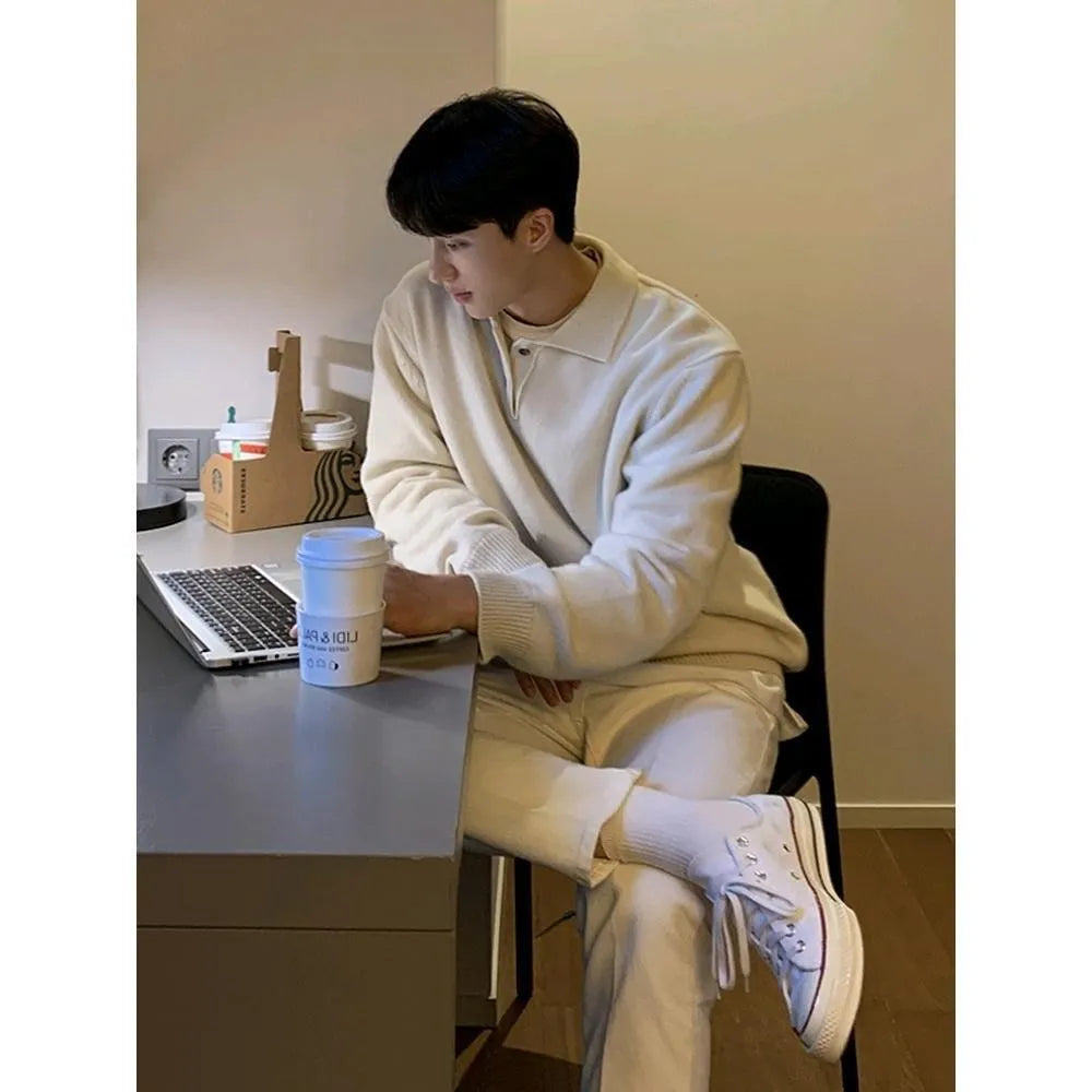 Suéter masculino estilo coreano com gola polo
