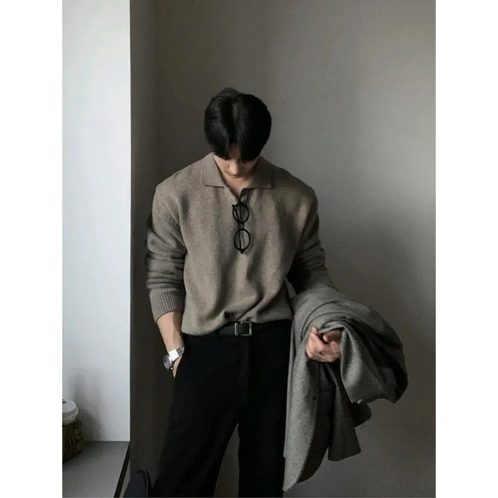 Suéter masculino estilo coreano com gola polo