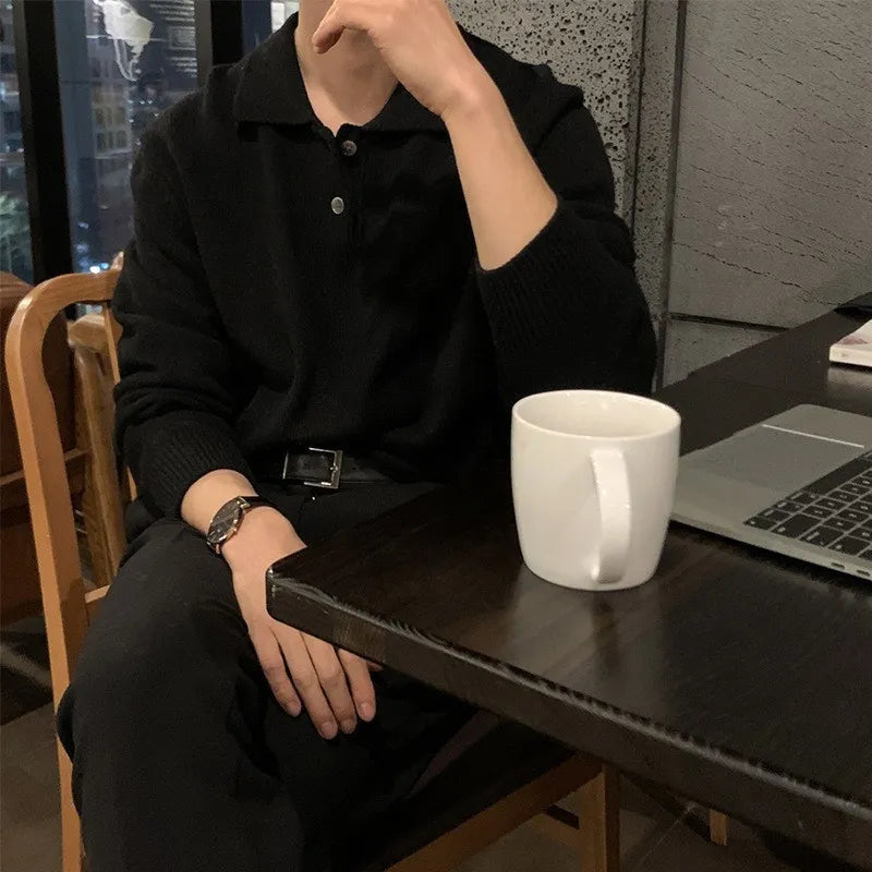 Suéter masculino estilo coreano com gola polo