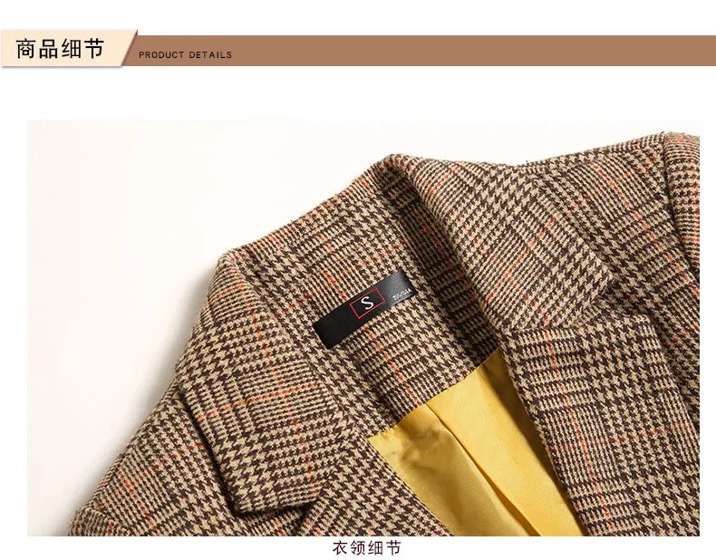 Blazer feminino xadrez marrom Estilo Coreano