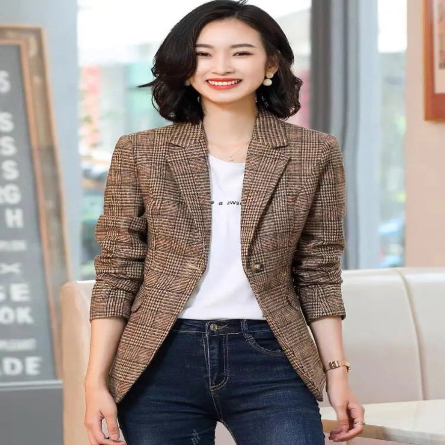 Blazer feminino xadrez marrom Estilo Coreano