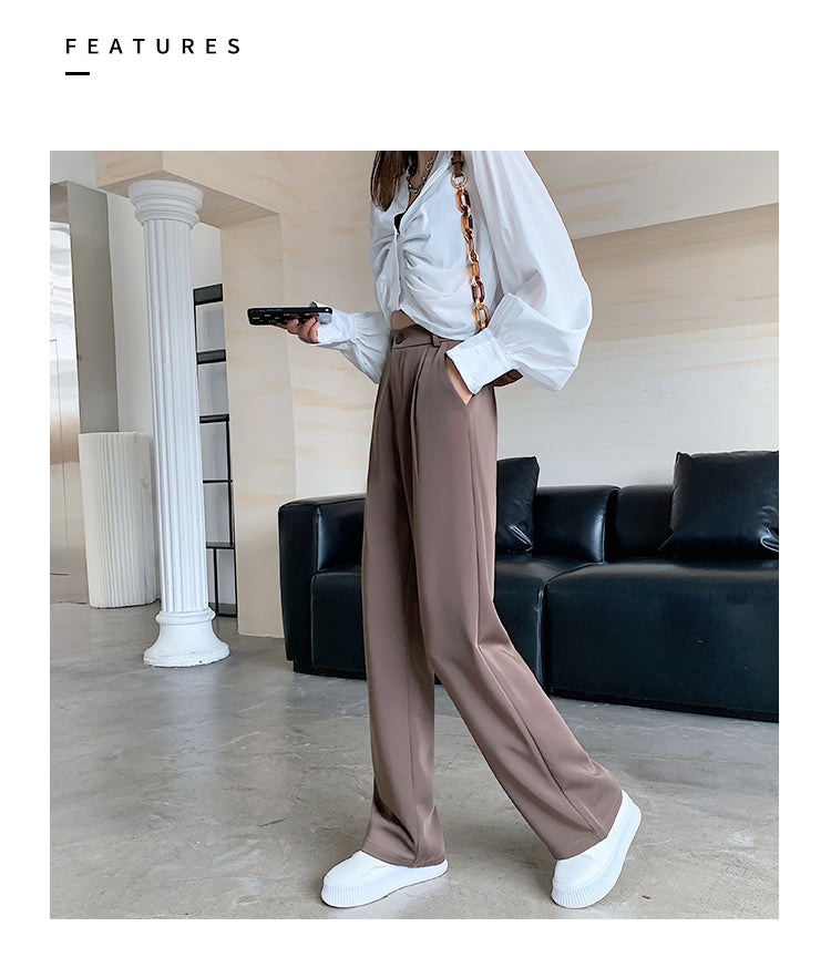 Calça feminina de cintura alta até o chão, reta e comprida