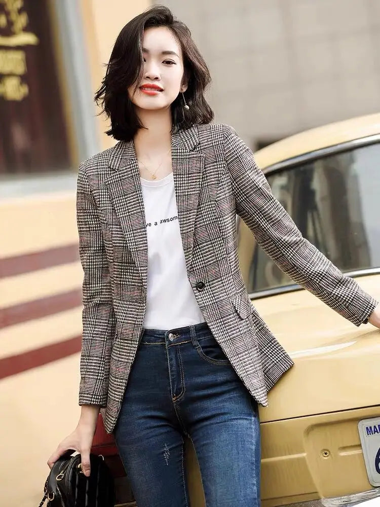 Blazer feminino xadrez marrom Estilo Coreano