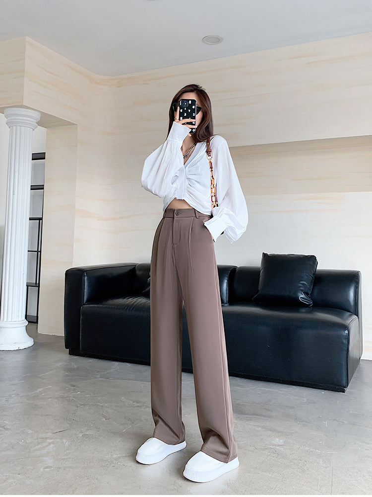 Calça feminina de cintura alta até o chão, reta e comprida