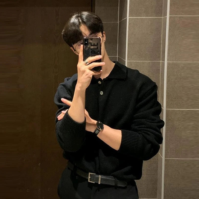 Suéter masculino estilo coreano com gola polo
