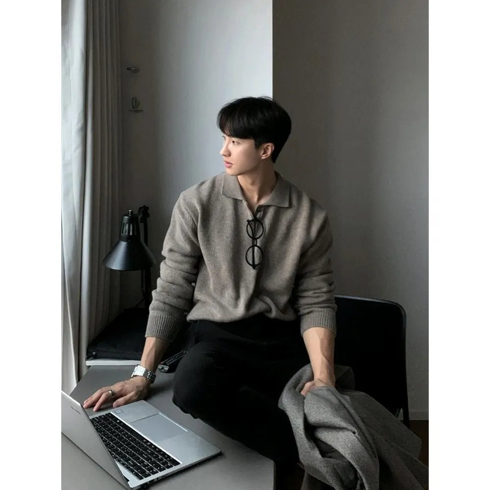 Suéter masculino estilo coreano com gola polo