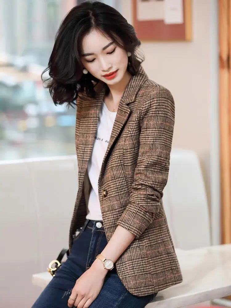 Blazer feminino xadrez marrom Estilo Coreano
