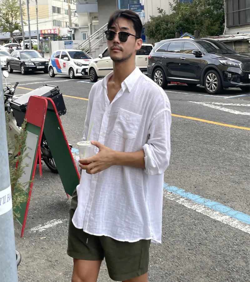 Camisa Masculina Coreana de Linho Leve - Look Seoul Verão