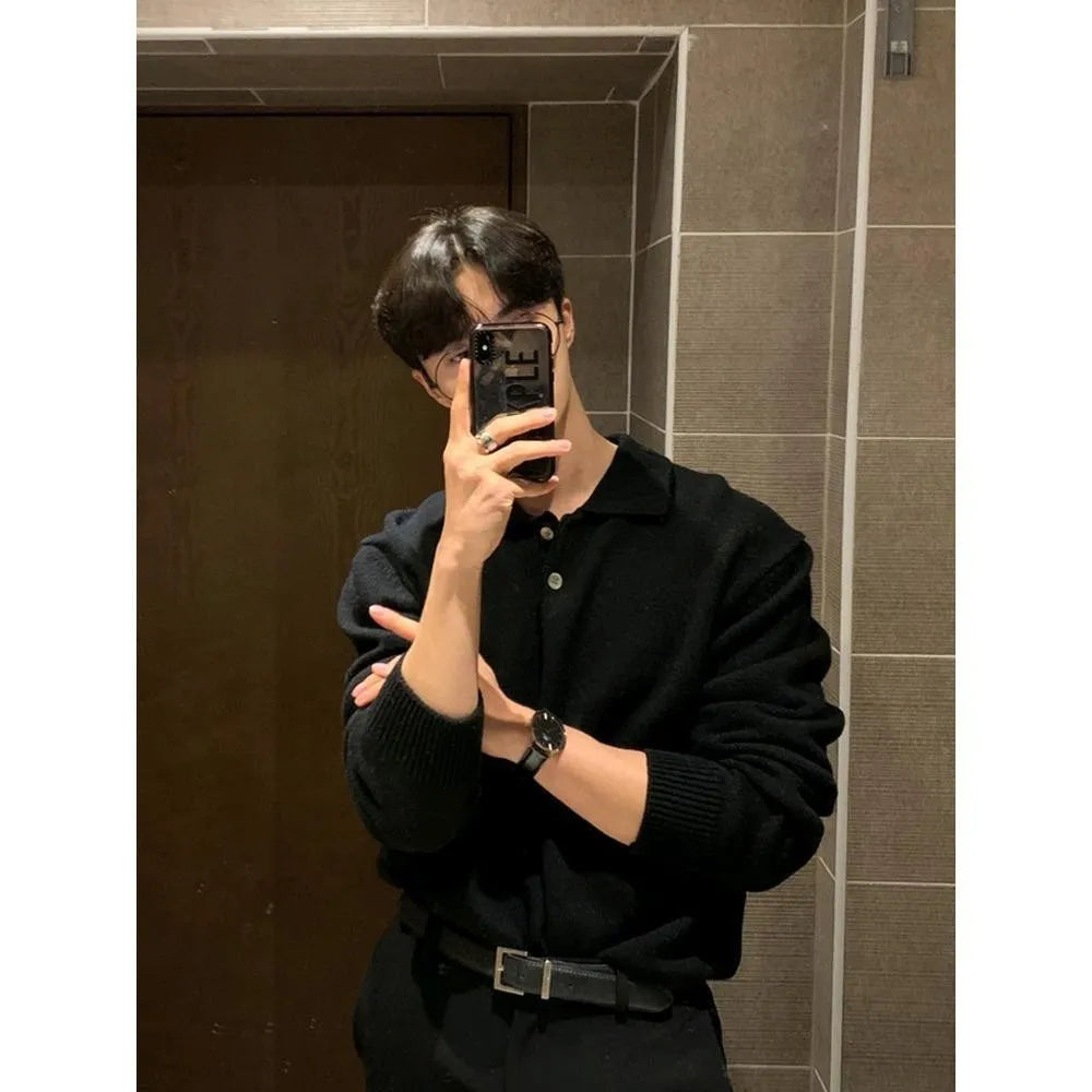 Suéter masculino estilo coreano com gola polo