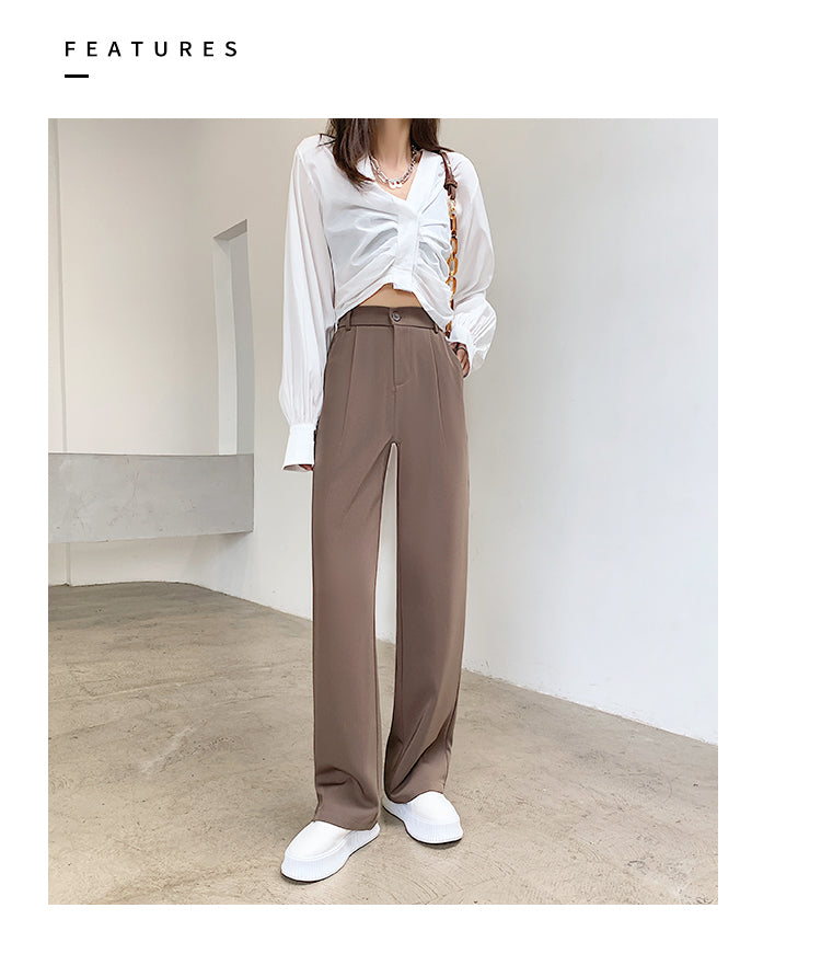 Calça feminina de cintura alta até o chão, reta e comprida