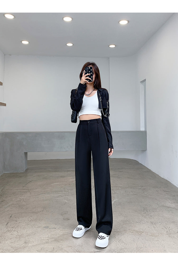Calça feminina de cintura alta até o chão, reta e comprida